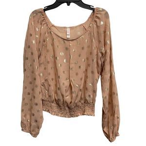 Y2K Off Shoulder Light Pink Golden Polka Dot Long Sleeve Top Blouse See Through